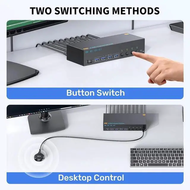 Alt view image 4 of 7 - KVM Switch 4 PC 3 Monitors 4K@144Hz 8K@60Hz, HDMI 2.1+ 2 DisplayPort 1.4 Triple Monitor KVM Switch 4 Port for 4 Computers Share 3 Monitors & 4 USB Devices, with Wired Remote and 4 USB 3.0 Cable
