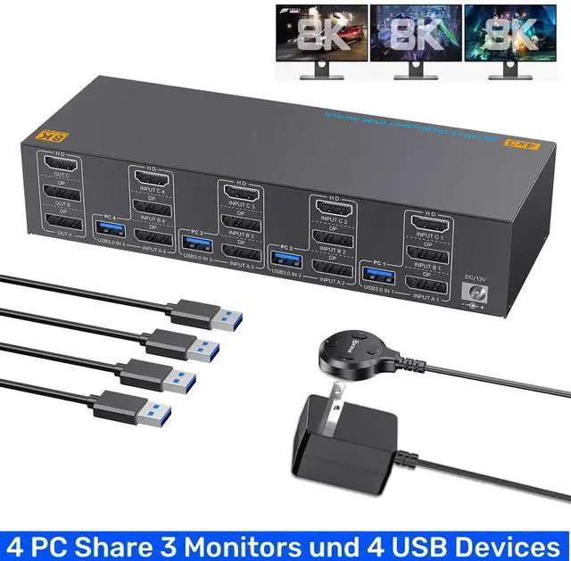 Main image of KVM Switch 4 PC 3 Monitors 4K@144Hz 8K@60Hz, HDMI 2.1+ 2 DisplayPort 1.4 Triple Monitor KVM Switch 4 Port for 4 Computers Share 3 Monitors & 4 USB Devices, with Wired Remote and 4 USB 3.0 Cable