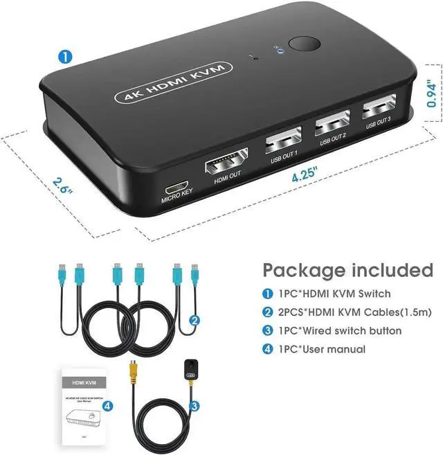 Alt view image 4 of 6 - 4K HDMI KVM Switch 2 Port Switch Box, USB and HDMI Switch for 2 Computers Share Keyboard Mouse Printer and one HD Monitor, Support UHD 4K@30Hz, with Remote Controller and 2 KVM Cables