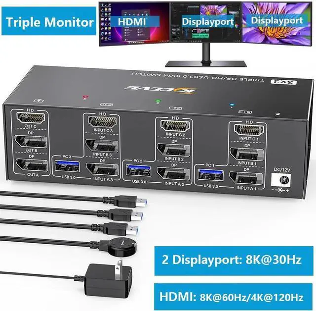 Main image of KVM Switch 3 Computers 3 Monitors, HDMI + 2 DisplayPort Triple Monitor USB 3.0 KVM Switcher, 8K@30Hz/4K@144Hz HDMI+2 DP KVM for 3 PC Share 3 Display and 4 USB3.0 Devices, Wired Remote Included