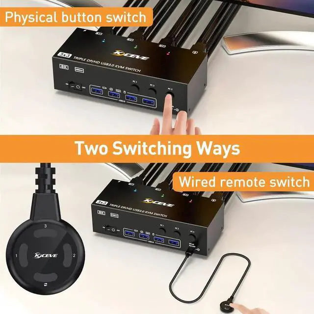 Alt view image 4 of 7 - KVM Switch 3 Computers 3 Monitors, HDMI + 2 DisplayPort Triple Monitor USB 3.0 KVM Switcher, 8K@30Hz/4K@144Hz HDMI+2 DP KVM for 3 PC Share 3 Display and 4 USB3.0 Devices, Wired Remote Included