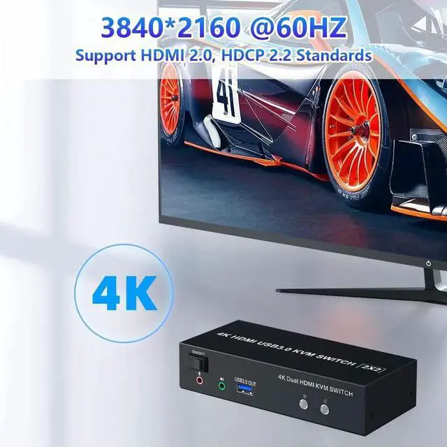 Alt view image 7 of 7 - USB 3.0 HDMI Dual Monitor KVM Switch 2 Port, 4K@60Hz HDMI KVM Switch for 2 Computers Share 2 Monitors and 3 USB 3.0 Ports, Audio Microphone Output, Wired Remote and 2 USB 3.0 Cables Included