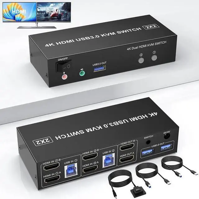 Main image of USB 3.0 HDMI Dual Monitor KVM Switch 2 Port, 4K@60Hz HDMI KVM Switch for 2 Computers Share 2 Monitors and 3 USB 3.0 Ports, Audio Microphone Output, Wired Remote and 2 USB 3.0 Cables Included
