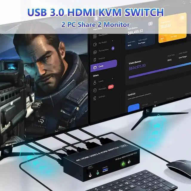 Alt view image 6 of 7 - USB 3.0 HDMI Dual Monitor KVM Switch 2 Port, 4K@60Hz HDMI KVM Switch for 2 Computers Share 2 Monitors and 3 USB 3.0 Ports, Audio Microphone Output, Wired Remote and 2 USB 3.0 Cables Included