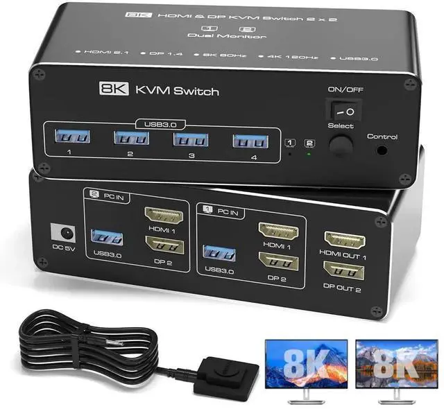 Main image of KVM Switch 2 Monitors 2 Computers, 8K HDMI + Displayport Dual Monitor KVM Switch for 2 PC Share 2 Monitors and 4 USB Devices, Support Extended/Copy Mode, with 2 USB Cables & Desktop Controller