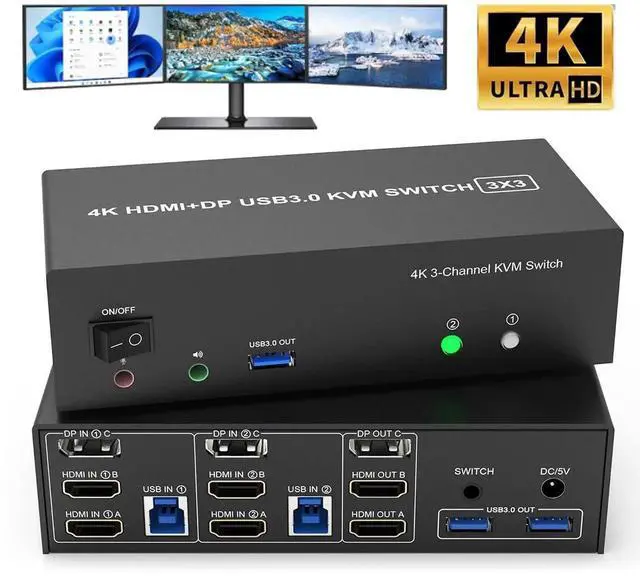 Main image of KVM Switch 3 Monitors 2 Computers 4K@60Hz, 2 HDMI + Displayport KVM Switch Triple Monitor for 2 Computer Share 3 Monitor, Audio Mic Port and 3 USB3.0 Devices, Wired Remote & DC 5V Power Adapter