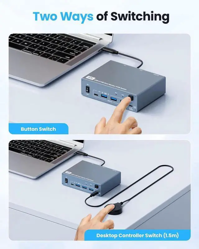 Alt view image 4 of 6 - USB C HDMI KVM Switch 2 Monitors 2 Computers, 4 USB 3.0 Ports 4K@60Hz KVM Switches for 1 Laptop & 1 Desktop Sharing 2 Monitors Keyboard Mouse Printer, 80W PD Charging, Remote & USB-C Cables
