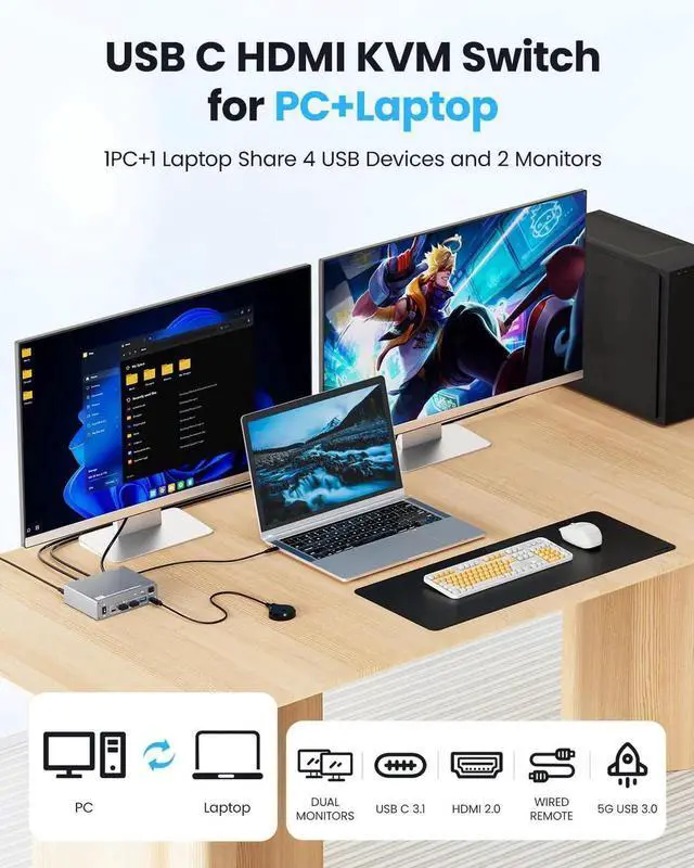 Alt view image 6 of 6 - USB C HDMI KVM Switch 2 Monitors 2 Computers, 4 USB 3.0 Ports 4K@60Hz KVM Switches for 1 Laptop & 1 Desktop Sharing 2 Monitors Keyboard Mouse Printer, 80W PD Charging, Remote & USB-C Cables
