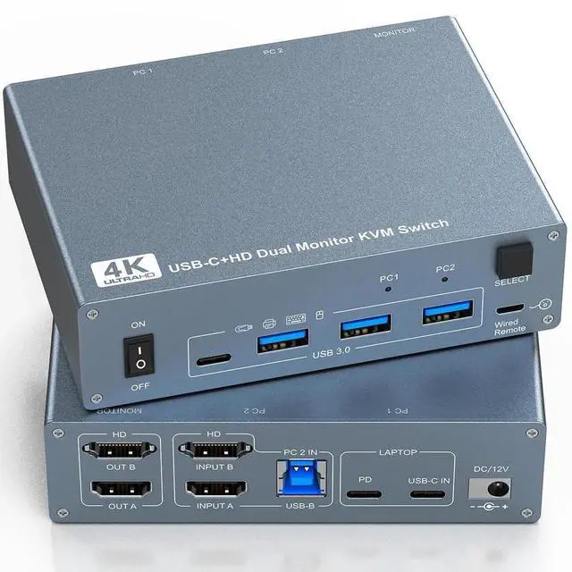 Main image of USB C HDMI KVM Switch 2 Monitors 2 Computers, 4 USB 3.0 Ports 4K@60Hz KVM Switches for 1 Laptop & 1 Desktop Sharing 2 Monitors Keyboard Mouse Printer, 80W PD Charging, Remote & USB-C Cables