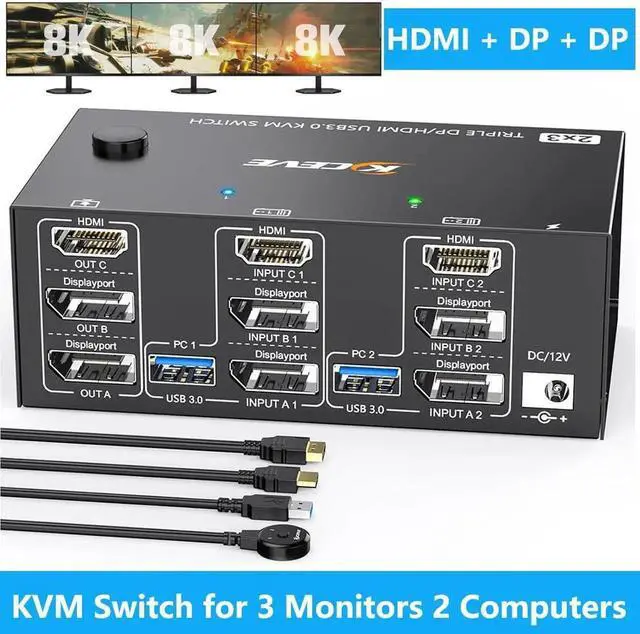Main image of KVM Switch 3 Monitors 2 Computers 8K@60Hz 4K@144Hz, 2 Displayport + HDMI Triple Monitor USB 3.0 KVM Switch with 4 USB 3.0 Port for Keyboard Mouse, with Wired Remote & Power Adapter