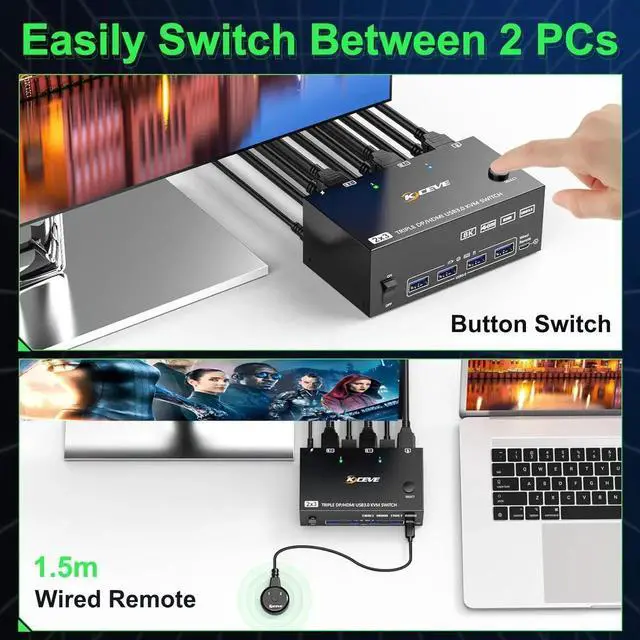 Alt view image 2 of 7 - KVM Switch 3 Monitors 2 Computers 8K@60Hz 4K@144Hz, 2 Displayport + HDMI Triple Monitor USB 3.0 KVM Switch with 4 USB 3.0 Port for Keyboard Mouse, with Wired Remote & Power Adapter