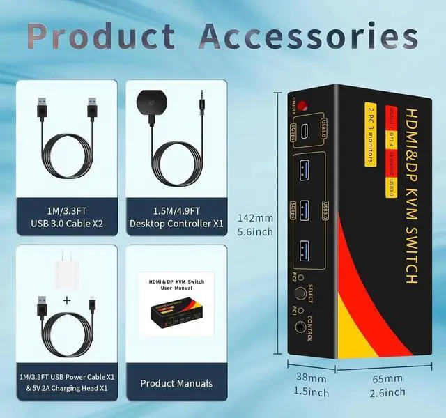 Alt view image 6 of 7 - 2*Displayport + 1*HDMI KVM Switches 3 Monitors 2 Computers, 8K@60HZ Triple Monitor KVM Switch for 2 PC share 3 Monitors and 4 USB Devices, Support Extended and Copy Mode, with Wired Remote