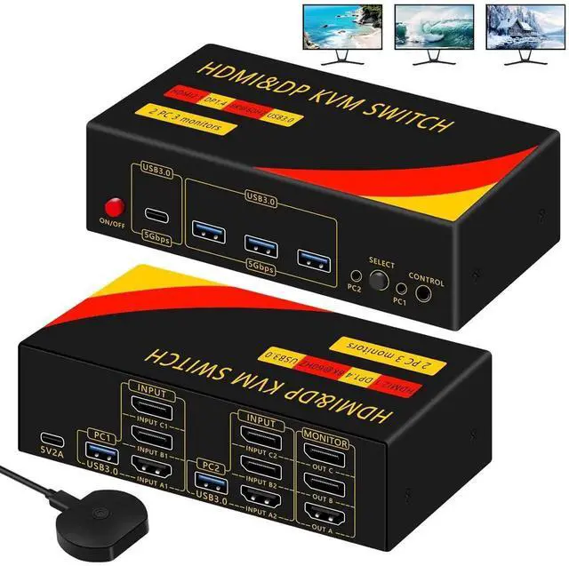 Main image of 2*Displayport + 1*HDMI KVM Switches 3 Monitors 2 Computers, 8K@60HZ Triple Monitor KVM Switch for 2 PC share 3 Monitors and 4 USB Devices, Support Extended and Copy Mode, with Wired Remote