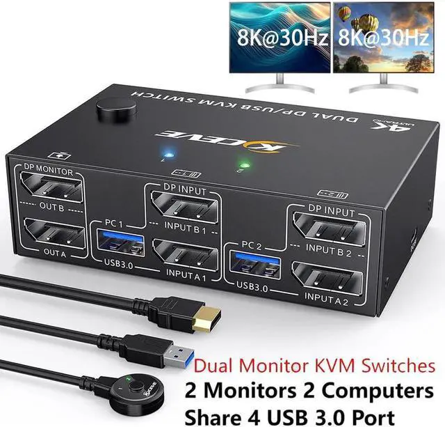 Main image of Displayport KVM Switch 2 Monitors 2 Computers 8K@30Hz 4K@144Hz, USB 3.0 Dual Monitor KVM Switches Displayport 1.4 2 in 2 Out with 4 USB 3.0 Port for USB Device,Wired Remote and 4 Cable Included