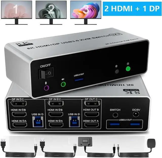 Main image of 8K@60Hz KVM Switch 3 Monitors 2 Computers 4K@144Hz, 2 HDMI+Displayport Triple Monitor KVM Switch for 2 Computer Share 3 Monitor, Audio Mic Port & 3 USB3.0 Devices, Wired Remote&5V Power Adapter