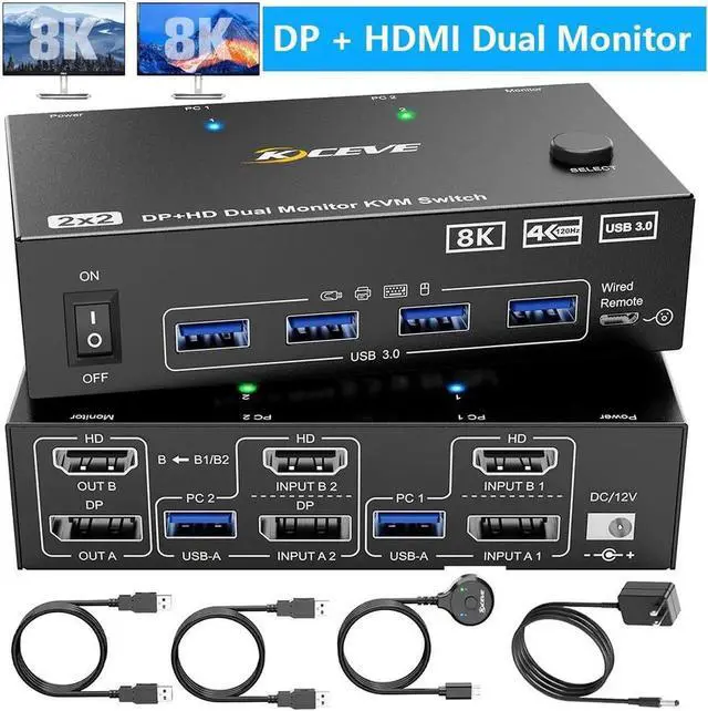 Main image of KVM Switch for 2 PC 2 Monitors 8K@60Hz 4K @120Hz DisplayPort + HDMI Dual Monitor KVM Switch for 2 PC Share 2 Monitors and 4 USB 3.0 Devices, Wired Remote Control, 12V Power Supply & USB Cables