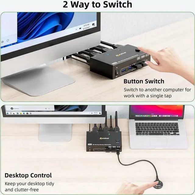 Alt view image 5 of 7 - KVM Switch for 2 PC 2 Monitors 8K@60Hz 4K @120Hz DisplayPort + HDMI Dual Monitor KVM Switch for 2 PC Share 2 Monitors and 4 USB 3.0 Devices, Wired Remote Control, 12V Power Supply & USB Cables