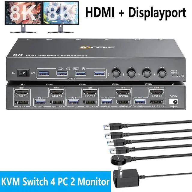 Main image of KVM Switch 2 Monitors 4 Computers, USB 3.0 DisplayPort + HDMI Dual Monitor KVM Switch, Supports 8K@30Hz, 4K144Hz for 4 Computers that Share 2 Monitors and 4 USB 3.0 Device, with Wired Remote