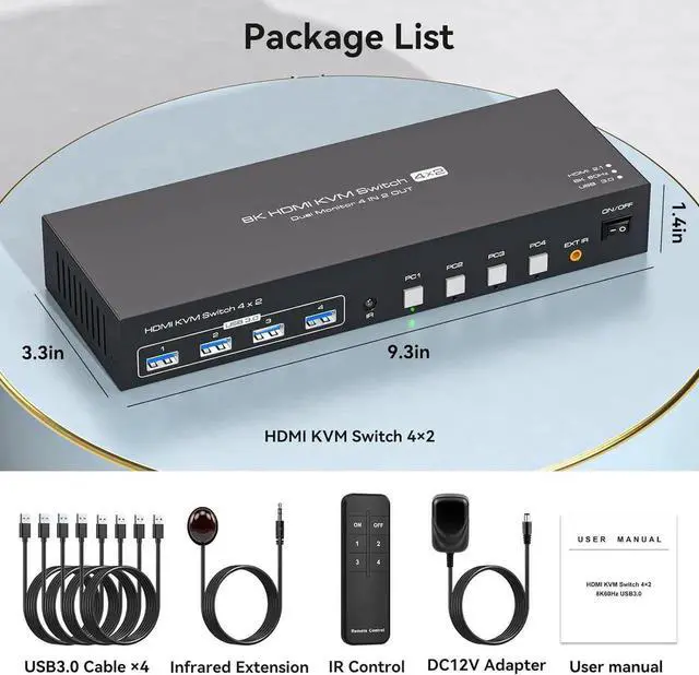 Alt view image 2 of 7 - KVM Switch 2 Monitors 4 Computers 8K@60Hz 4K@120Hz HDMI KVM Switches Dual Monitor for 4 PC Sharing 2 Monitor and 4 USB3.0 Devices with Four USB 3.0 Cables and IR Remote Control
