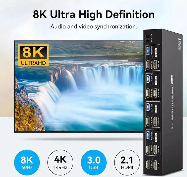 Alt view image 4 of 7 - KVM Switch 2 Monitors 4 Computers 8K@60Hz 4K@120Hz HDMI KVM Switches Dual Monitor for 4 PC Sharing 2 Monitor and 4 USB3.0 Devices with Four USB 3.0 Cables and IR Remote Control