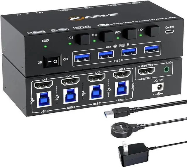 Main image of KVM Switch 4 Computers 8K@60Hz 4K@144Hz, Simulation EDID, USB 3.0 HDMI KVM Switch for 4 Computers Share 1 Monitor and Keyboard Mouse and Headset,with Wired Remote,Power Adapter and USB3.0 Cable