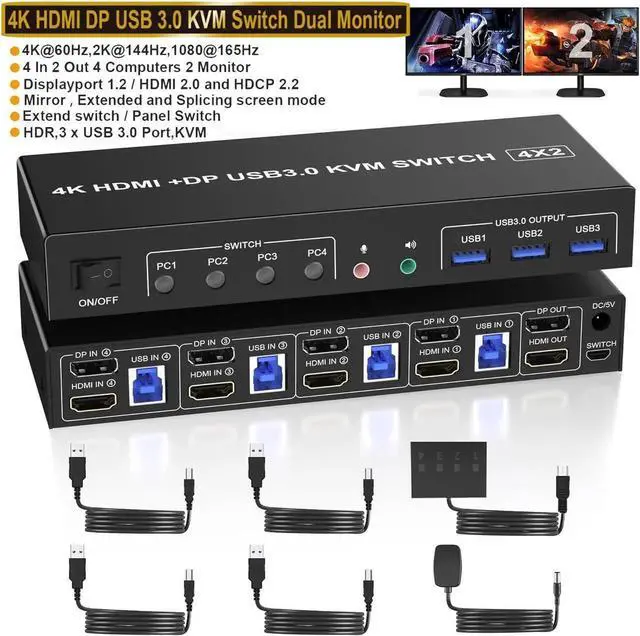 Main image of USB 3.0 Displayport + HDMI KVM Switch 2 Monitors 4 Computers, 4K@60Hz Dual Monitor KVM Switch 4 PC with Audio Microphone and 3 USB 3.0 Ports, 4 Port HDMI + DP Monitor Switch for 4 PC 2 Monitors