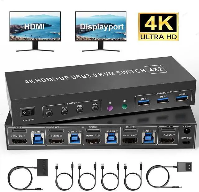 Main image of 4K KVM Switch 2 Monitors 4 Computers, Dual Monitor HDMI + Displayport USB 3.0 KVM Switches 4K@60Hz, Support Extended/Mirror Mode Share 3 USB 3.0 Ports with Desktop Controller, Adapter Included
