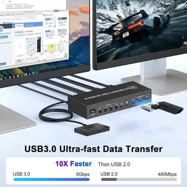 Alt view image 7 of 7 - 4K KVM Switch 2 Monitors 4 Computers, Dual Monitor HDMI + Displayport USB 3.0 KVM Switches 4K@60Hz, Support Extended/Mirror Mode Share 3 USB 3.0 Ports with Desktop Controller, Adapter Included