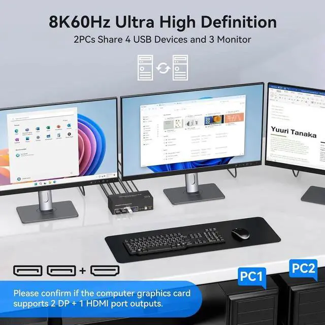 Alt view image 2 of 6 - [Triple Monitor] HDMI+2 Displayport KVM Switch for 2 Computers 3 Monitors 8K 60Hz 4K 120Hz, USB 3.0 HDMI + 2 DP KVM Swticher 2 PCs Share 3 Monitors for PS4 USB Output for Keyboard Mouse Printer