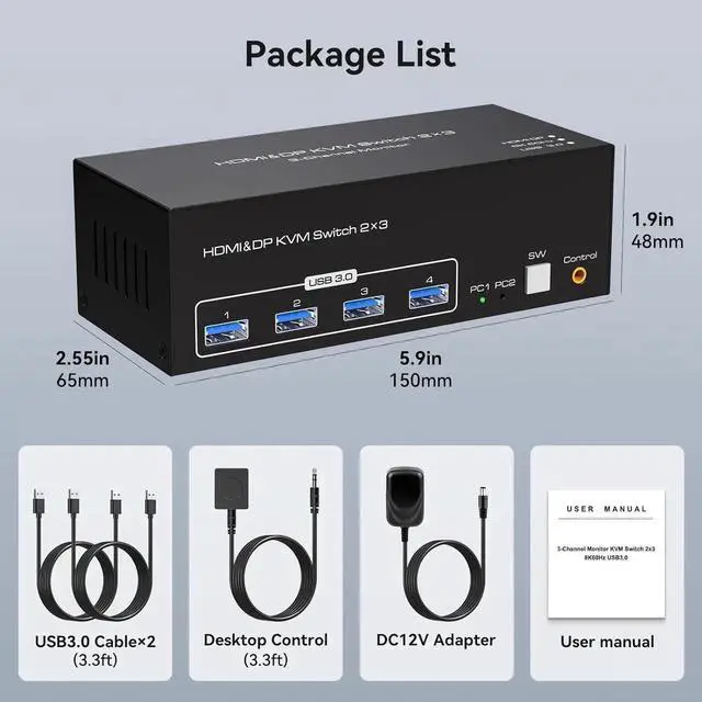 Alt view image 3 of 6 - [Triple Monitor] HDMI+2 Displayport KVM Switch for 2 Computers 3 Monitors 8K 60Hz 4K 120Hz, USB 3.0 HDMI + 2 DP KVM Swticher 2 PCs Share 3 Monitors for PS4 USB Output for Keyboard Mouse Printer