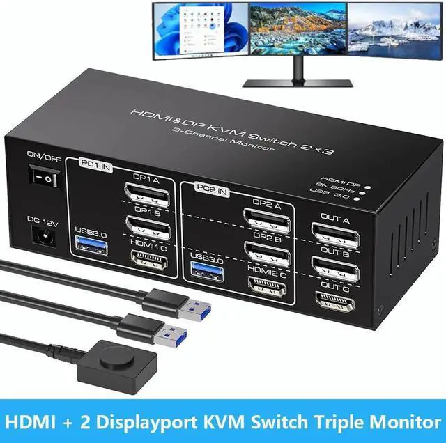 Main image of [Triple Monitor] HDMI+2 Displayport KVM Switch for 2 Computers 3 Monitors 8K 60Hz 4K 120Hz, USB 3.0 HDMI + 2 DP KVM Swticher 2 PCs Share 3 Monitors for PS4 USB Output for Keyboard Mouse Printer
