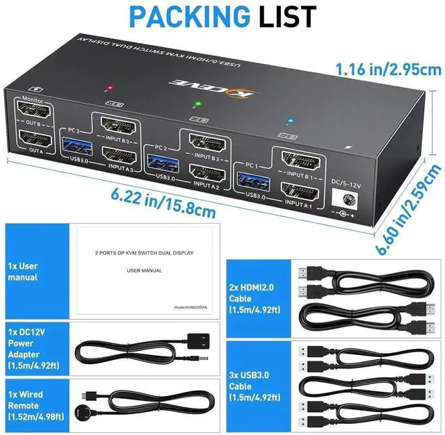 Alt view image 2 of 7 - HDMI KVM Switch 2 Monitors 3 Computers 4K@60Hz, EDID Emulator, Dual Monitor HDMI USB 3.0 KVM Switcher 3 in 2 Out for 3 Computers Share 2 Displays and 4 USB3.0 Devices, Included Wired Remote