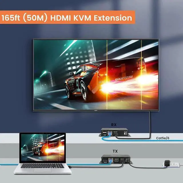 Alt view image 7 of 7 - 164FT / 50M HDMI KVM USB Extender Over Cat 5e/6/7 Cable, 1080P HDMI Ethernet Extender Balun Transmitter Receiver with Loop Out Function - USB Keyboard Mouse, Single POC Power Supply