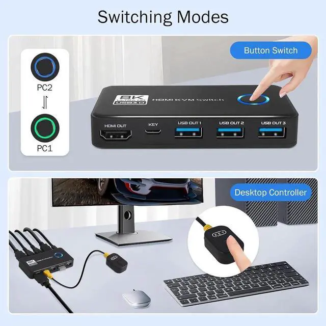 Alt view image 3 of 7 - 8K@60Hz HDMI 2.1 USB 3.0 KVM Switch for 1 Monitor 2 Computers, with 3 USB 3.0 Ports for Sharing Monitor, Keyboard, Mouse, Hard Drives, and Printer Includes 2 HDMI & USB Cables, and Controller
