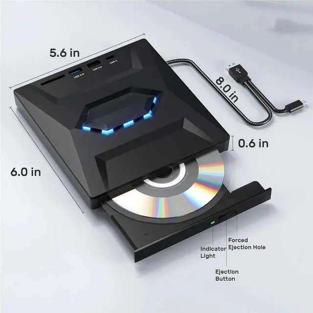 Alt view image 4 of 6 - [5-in-1] External CD DVD Drive, USB C USB 3.0 Portable CD/DVD +/-RW Drive/DVD Player with SD Card Reader USB 3.0 USB C Hub CD ROM Burner Compatible with Laptop Desktop PC Windows Linux MacOS (Black)