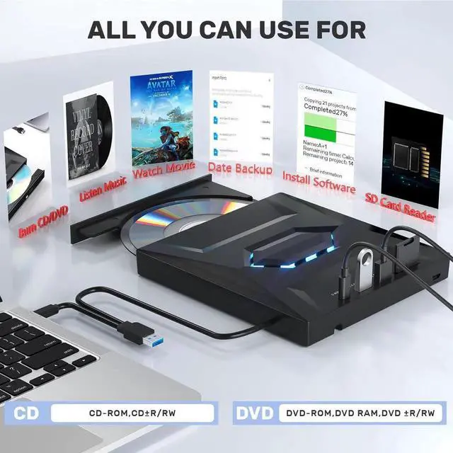 Alt view image 3 of 6 - [5-in-1] External CD DVD Drive, USB C USB 3.0 Portable CD/DVD +/-RW Drive/DVD Player with SD Card Reader USB 3.0 USB C Hub CD ROM Burner Compatible with Laptop Desktop PC Windows Linux MacOS (Black)
