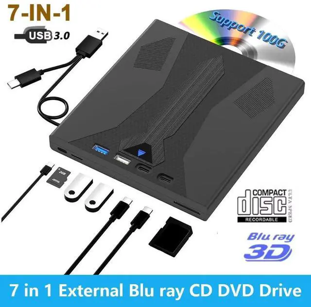 Main image of [7 in 1] External Blu Ray Drive, Support 100G Disc USB 3.0 and Type-C Blu Ray Burner Portable Blu Ray DVD/CD/BD Player, 3D Optical Bluray DVD Drive Compatible with Laptop Desktop Windows MacOS