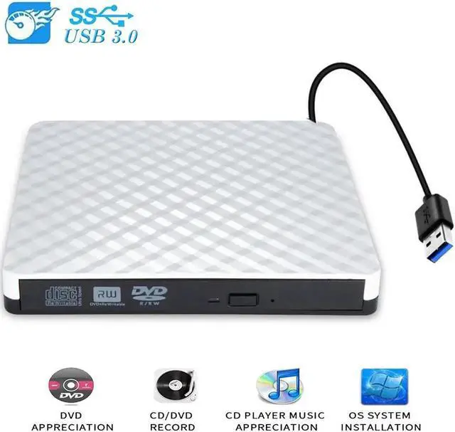 Main image of External DVD CD Driver, USB 3.0 Portable Slim Burner DVD+/-RW Writer Plug and Play DVD/CD-ROM Rewriter CD Player for PC Laptop, Notebook, Desktop Supports Mac OS, Windows 10/8/7/XP/Vista (White)