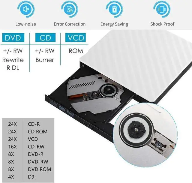 Alt view image 5 of 7 - External DVD CD Driver, USB 3.0 Portable Slim Burner DVD+/-RW Writer Plug and Play DVD/CD-ROM Rewriter CD Player for PC Laptop, Notebook, Desktop Supports Mac OS, Windows 10/8/7/XP/Vista (White)