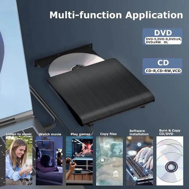 Alt view image 4 of 7 - External CD DVD Drive for Laptops, USB 3.0 Type-C Portable CD/DVD Player & Burner for Laptop/Desktop, USB C CD/DVD Drive, Compatible with Windows, Mac, Linux, Record CD/DVD Player Burner