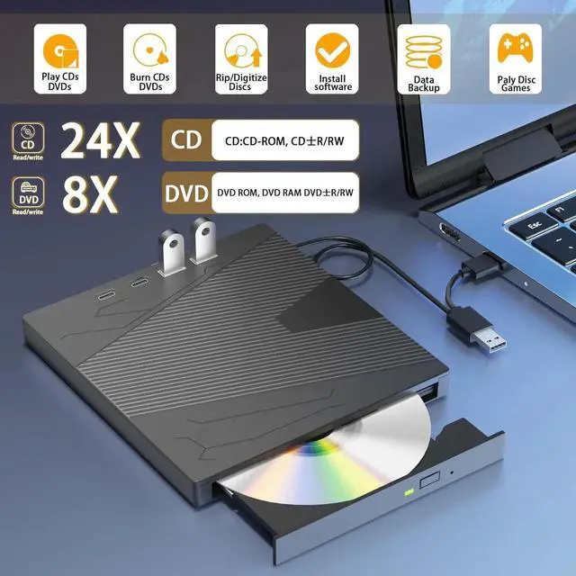 Alt view image 2 of 7 - External CD DVD Drive, 7 in 1 Portable CD/DVD Drives +/-RW Optical Drive with SD/TF Card Reader USB 3.0 &USB-C CD Burner Compatible with Laptop Desktop PC Windows 7/8/10/11/XP Mac Pro/Air Linux