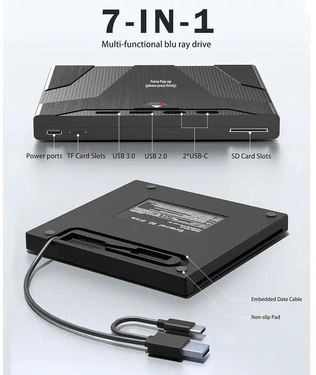Alt view image 7 of 7 - [7 in 1] External Blu Ray Drive, USB 3.0 Blu ray Drive with SD/TF Slot Ports, Blu ray Player for PC Laptop Portable 3D BD Disc Reader CD DVD -/+RW Burner Compatible with Windows Linux Mac OS