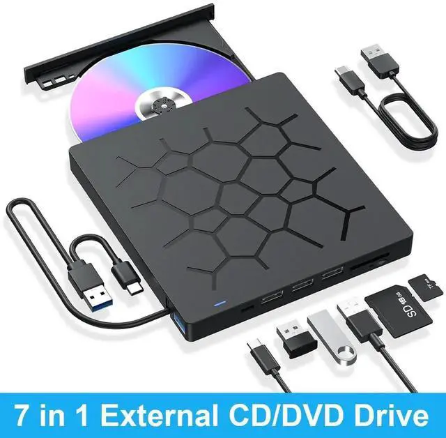 Main image of External CD/DVD Drive for Laptop, 7 IN 1 USB 3.0 Type C Portable DVD Player, CD ROM Burner Writer, External Disk Drive, Optical Drive Compatible with Laptop, PC, MacBook, Windows, Mac, Linux OS