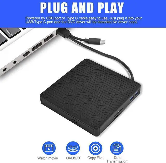 Alt view image 6 of 6 - External DVD Drive, USB3.0/Type-C DVD CD ROM +/-RW Player for Laptop, Optical Disk Burner with Hub, 2 USB 3.0 Port, SD/TF Port, Micro USB Type C Cord for PC Desktop Mac Book Windows 10/8/7 Linux OS