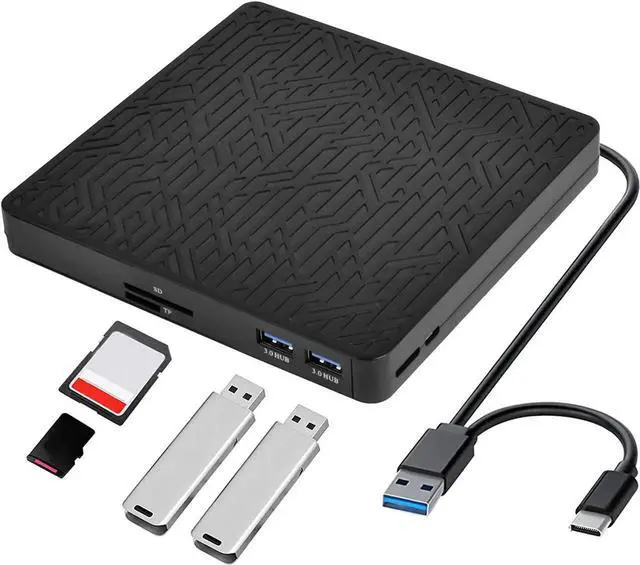Main image of External DVD Drive, USB3.0/Type-C DVD CD ROM +/-RW Player for Laptop, Optical Disk Burner with Hub, 2 USB 3.0 Port, SD/TF Port, Micro USB Type C Cord for PC Desktop Mac Book Windows 10/8/7 Linux OS