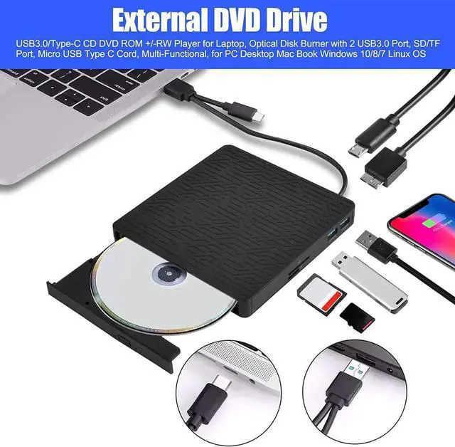 Alt view image 5 of 6 - External DVD Drive, USB3.0/Type-C DVD CD ROM +/-RW Player for Laptop, Optical Disk Burner with Hub, 2 USB 3.0 Port, SD/TF Port, Micro USB Type C Cord for PC Desktop Mac Book Windows 10/8/7 Linux OS