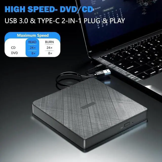Alt view image 5 of 7 - External CD DVD Drive, USB 3.0 & Type-C Portable CD DVD Burner +/-RW DVD Player for Laptop, External CD/DVD Drive, External Optical USB DVD Drive Compatible with Windows 7/8/10/XP Linux MacOS