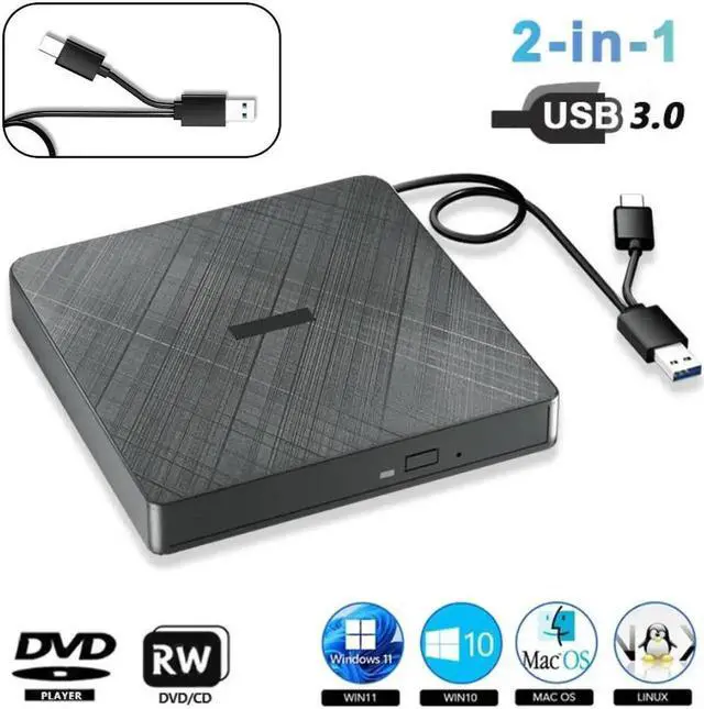 Main image of External CD DVD Drive, USB 3.0 & Type-C Portable CD DVD Burner +/-RW DVD Player for Laptop, External CD/DVD Drive, External Optical USB DVD Drive Compatible with Windows 7/8/10/XP Linux MacOS