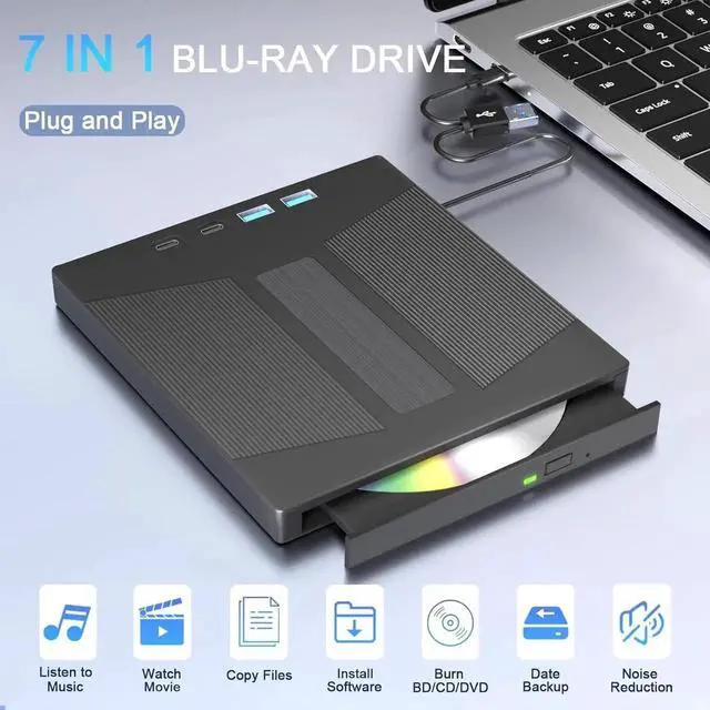 Alt view image 5 of 6 - 7 in 1 External Blu ray DVD Drive, Support 100G Disc R/W,USB 3.0 Type-C BD DVD CD Player Portable CD DVD Burner with SD/TF Card Slot, Compatible with Windows XP/7/8/10/11 Mac Laptop Desktop