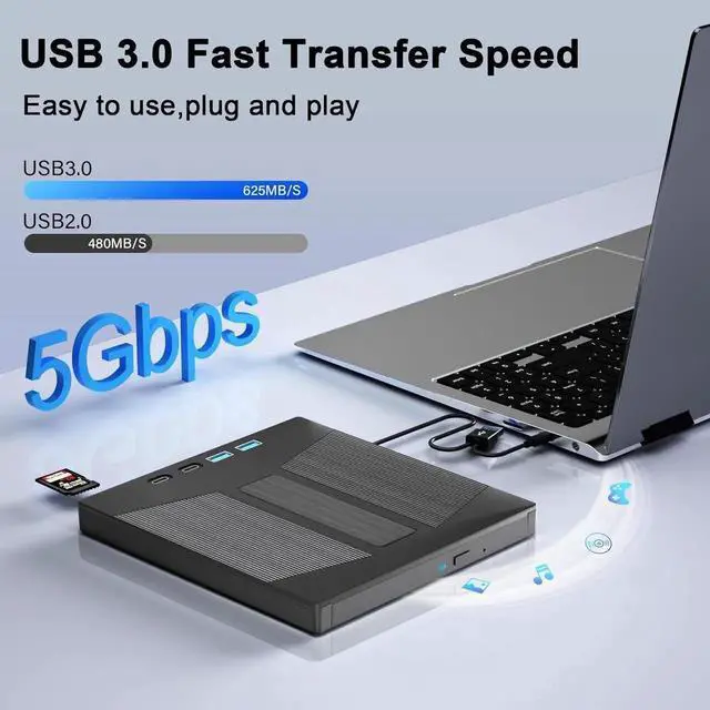 Alt view image 2 of 6 - 7 in 1 External Blu ray DVD Drive, Support 100G Disc R/W,USB 3.0 Type-C BD DVD CD Player Portable CD DVD Burner with SD/TF Card Slot, Compatible with Windows XP/7/8/10/11 Mac Laptop Desktop